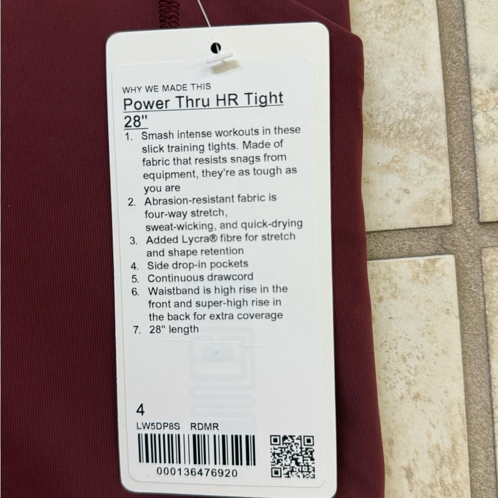 Lululemon Power Thru High Rise Burgundy Tight 28” NWT - Picture 6 of 7